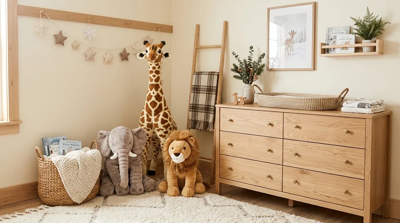 Safari-themed fitted crib sheets in cream and sage with delicate animal illustrations.