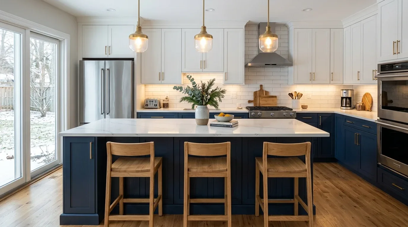 Two-tone kitchen with blue lower cabinets, white upper cabinets, and natural wood accents.