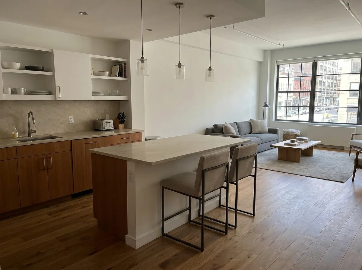 Bright white open kitchen featuring natural oak cabinets, floating shelves, and warm wood flooring.