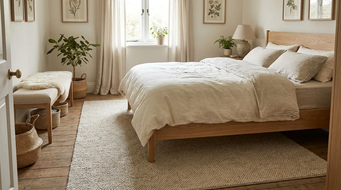 Floating wooden nightstand with a reading light in a compact bedroom with limited floor space.
