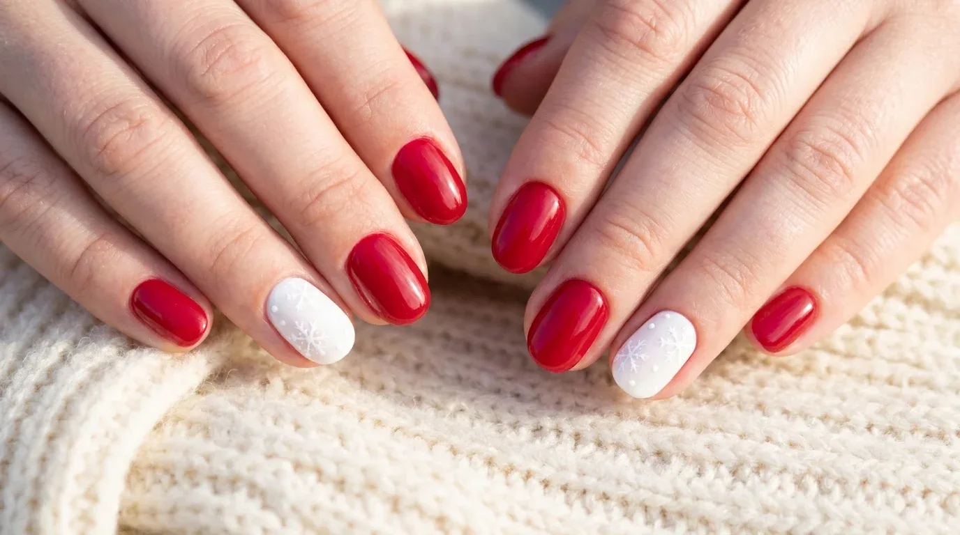 Glossy cherry red and white winter manicure with snowflake accents and delicate dots.