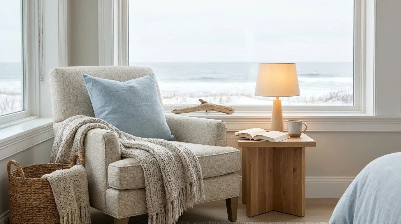 Cozy coastal reading nook with an oatmeal armchair, soft throw, and natural wood side table.