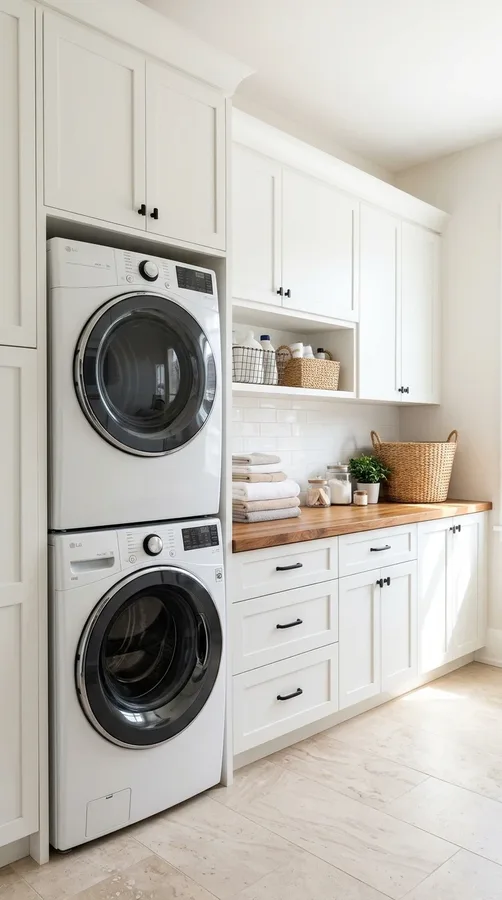 Laundry room with stacked appliances and a spacious wood folding countertop.