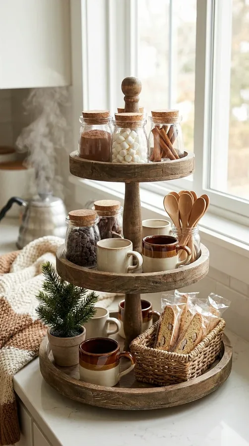 Winter tiered tray hot chocolate station with marshmallows, cocoa, and coffee accessories.