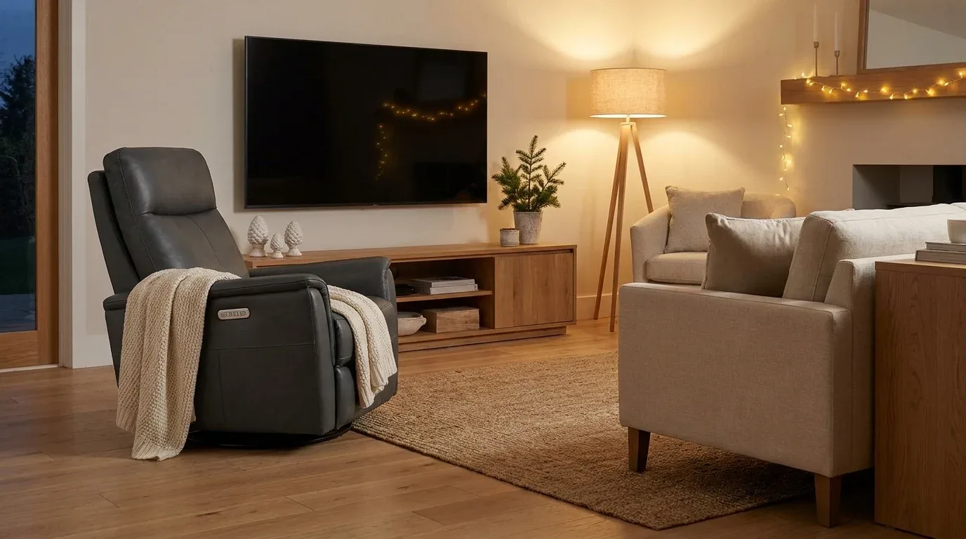 Power swivel rocker positioned for comfortable winter movie nights in a living room.