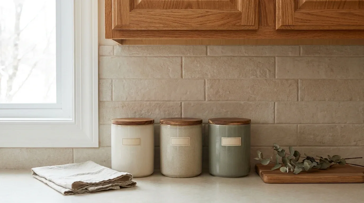 Neutral ceramic canisters with wooden lids styled on a warm winter kitchen counter