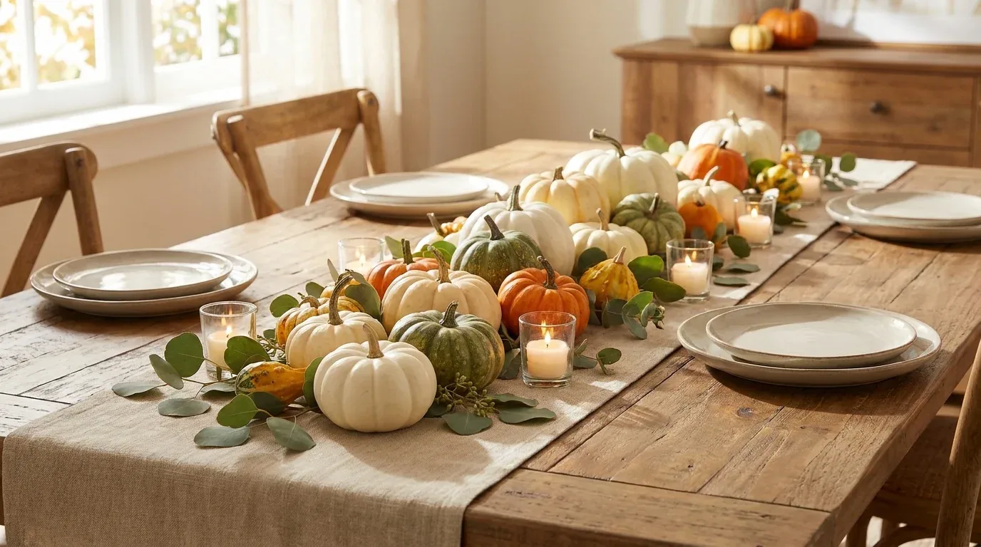 Mini pumpkin centerpiece in cream, white, green, and orange on a cozy Thanksgiving dining table.