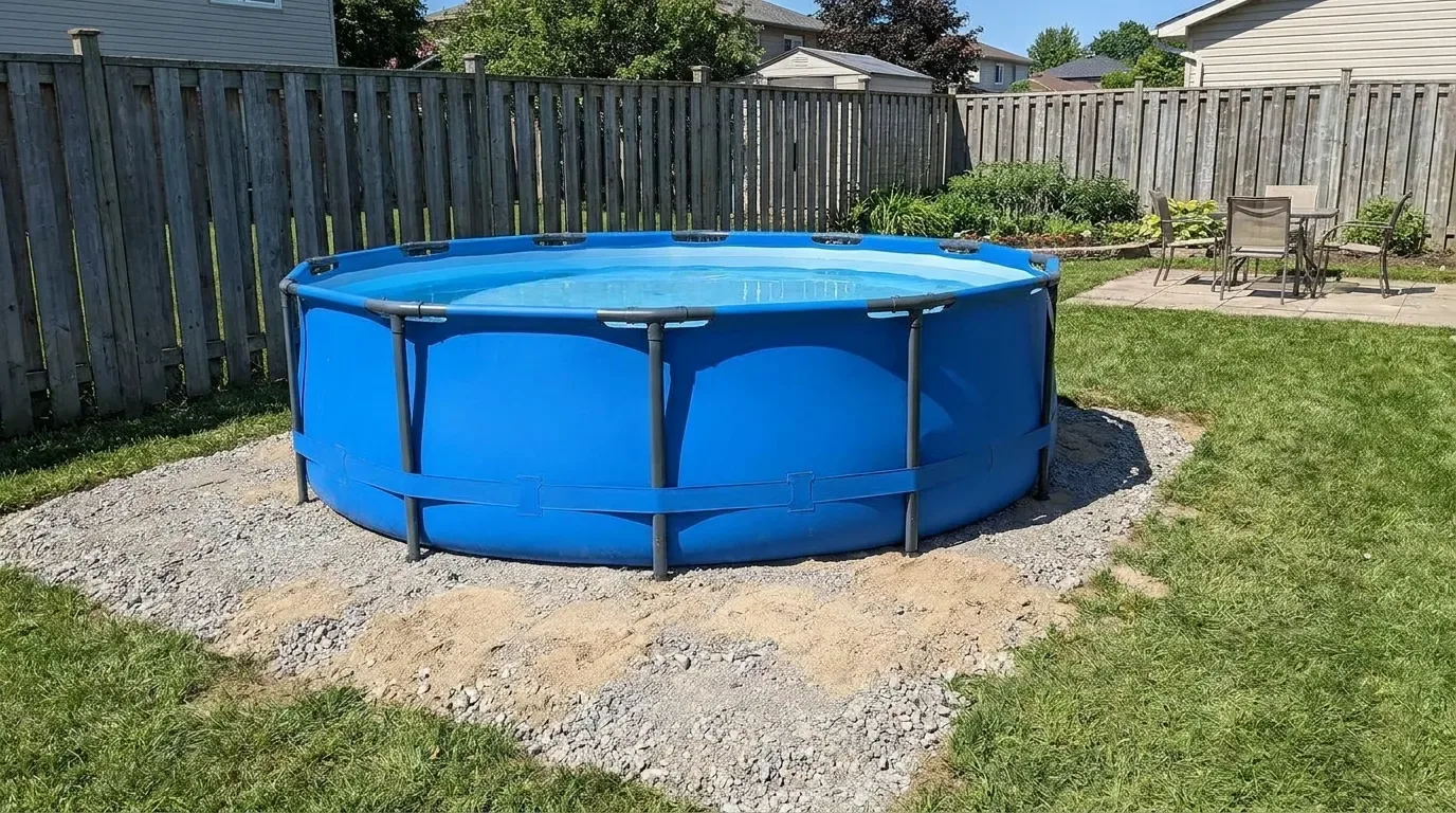 Affordable steel-frame above-ground pool with sturdy supports and a blue liner.