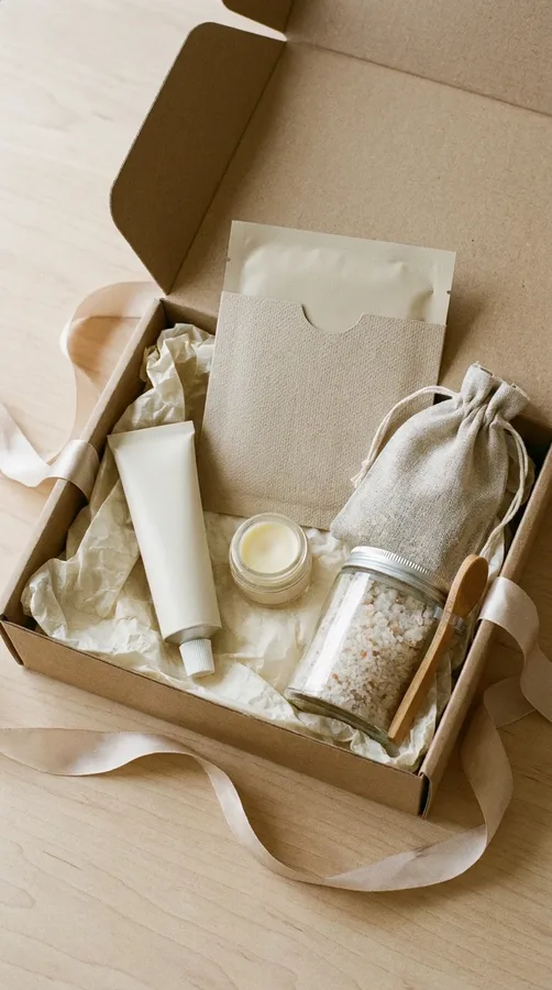 A budget-friendly self-care gift box with hand cream, lip balm, tea, and relaxing bath essentials.