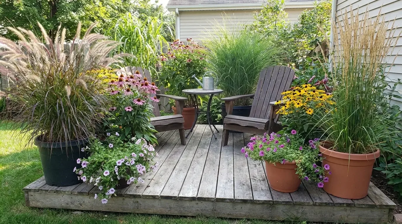 Backyard deck with a built-in bench and comfortable outdoor cushions