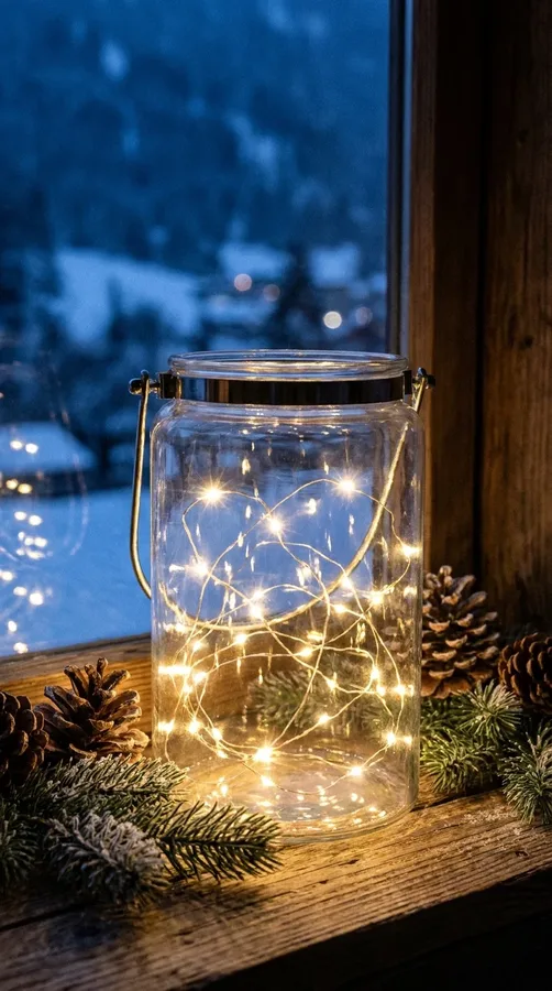 Glass Christmas lantern filled with sparkling warm-white fairy lights on a cozy winter windowsill.