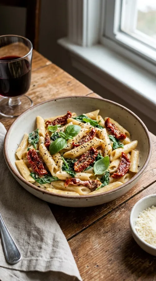 Creamy Tuscan pasta with sun-dried tomatoes, spinach, basil, and Parmesan.