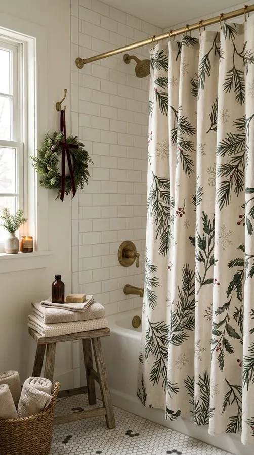 Evergreen Christmas garland with red berries and pinecones above a bathroom mirror.