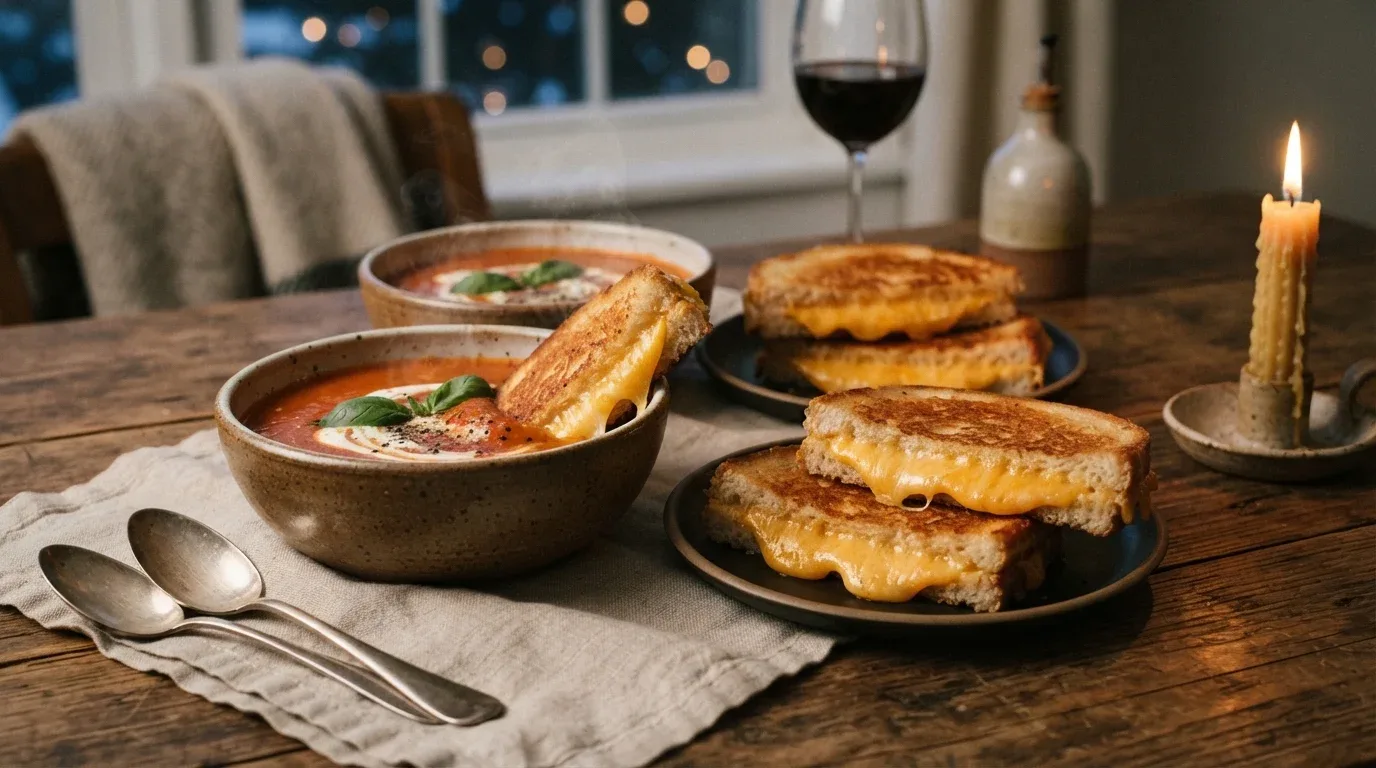 Tomato basil soup and crispy grilled cheese sandwiches for a comforting winter dinner.