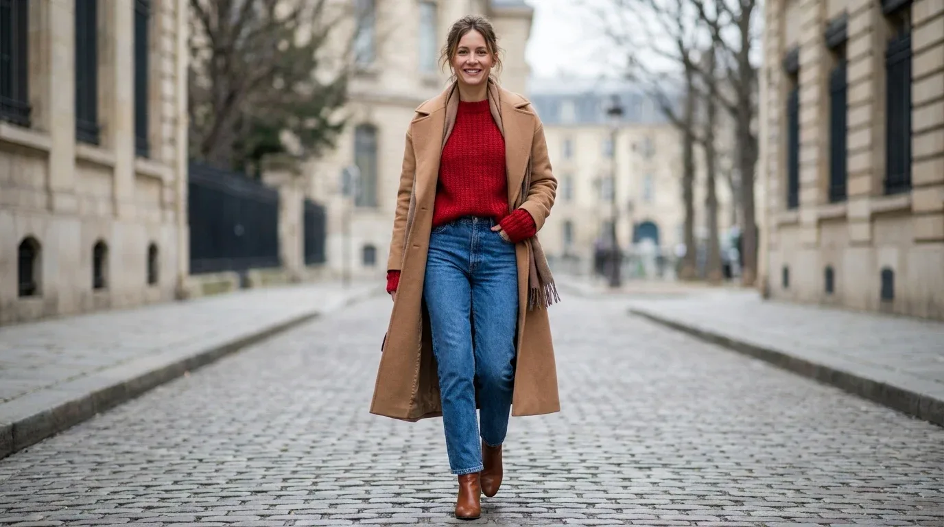 Red blazer, white top, black trousers, and ankle boots for a polished Valentine's outfit.