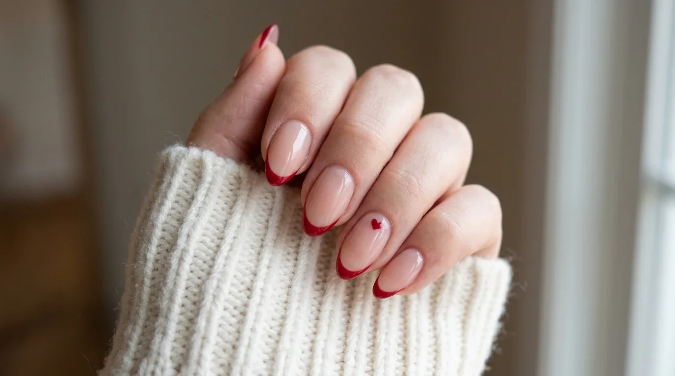 Red French tip Valentine's nails with a sheer nude base and a tiny romantic heart accent.