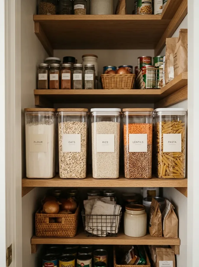 Stackable bins keep seasoning packets, soup mixes, and baking sachets organized.