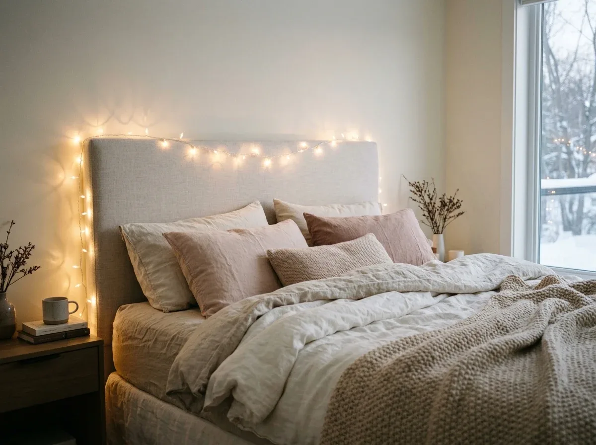 Warm fairy lights around a bedroom headboard create a dreamy Valentine's Day atmosphere.