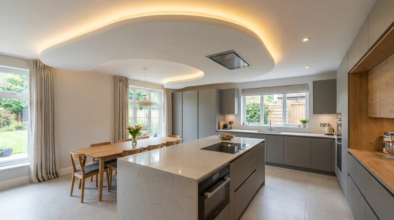 Wood-look accent false ceiling above a kitchen island