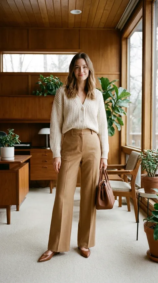 Camel wide-leg trousers and a fitted cream cardigan create an elegant smart casual office look.