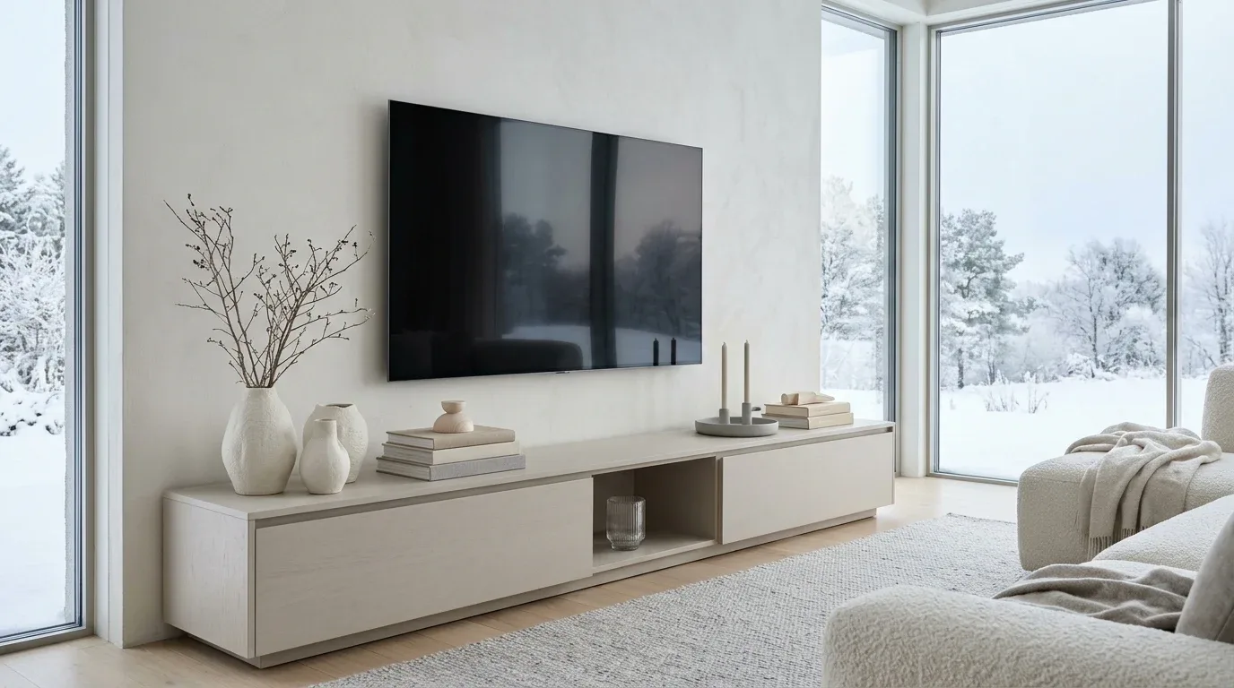 Neutral TV stand decor featuring ivory ceramics, beige books, and soft winter textures.