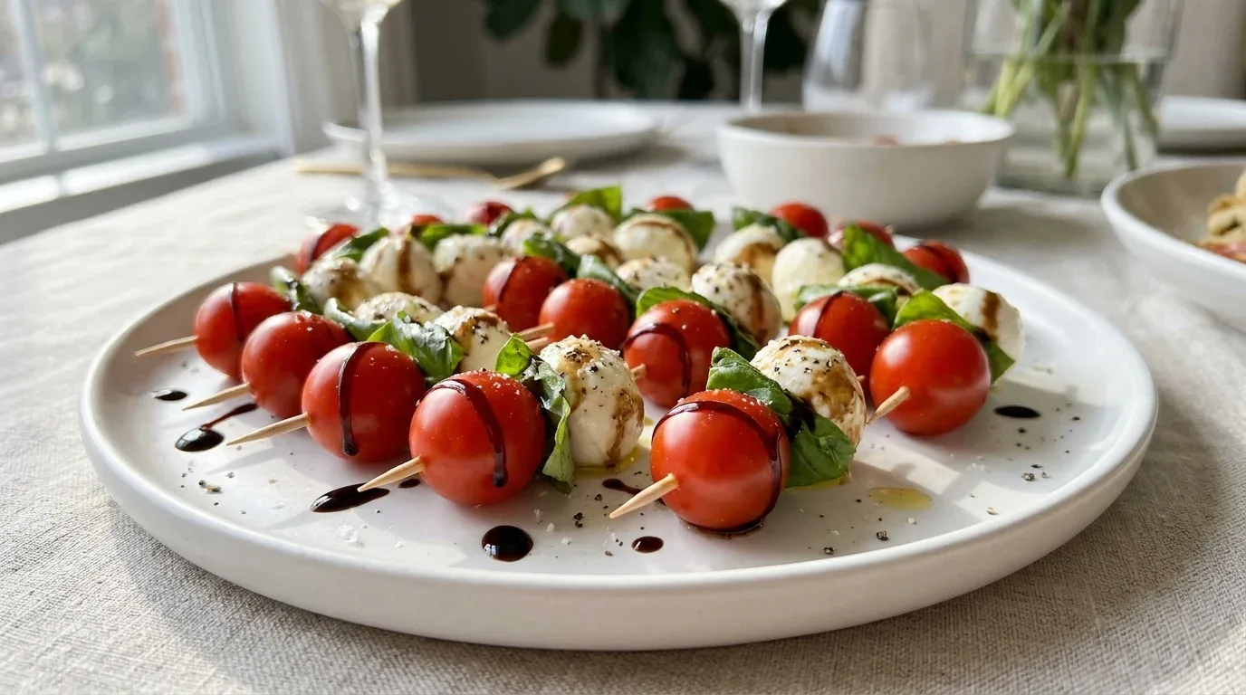 Mini Caprese skewers with cherry tomatoes, mozzarella, basil, and balsamic glaze.