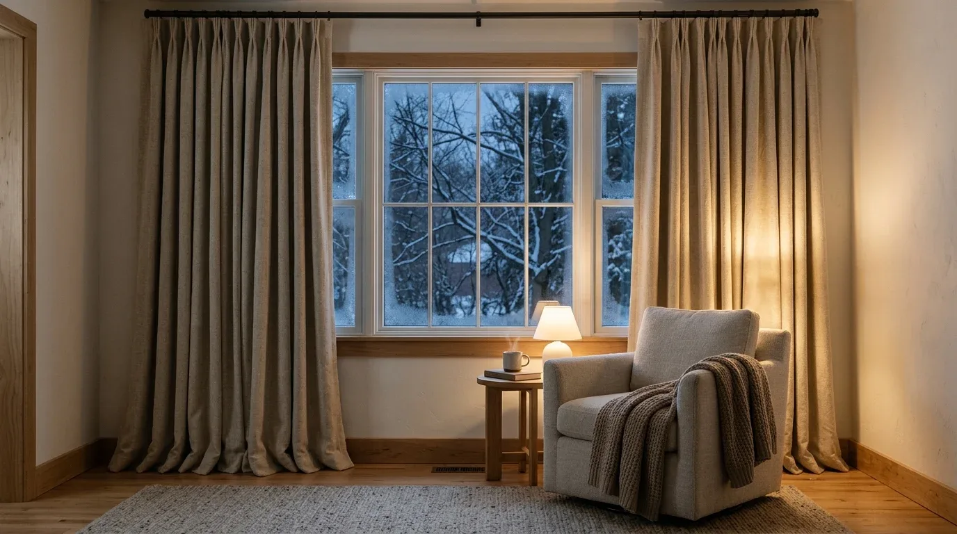 Insulated thermal curtains help reduce heat loss through windows during winter.