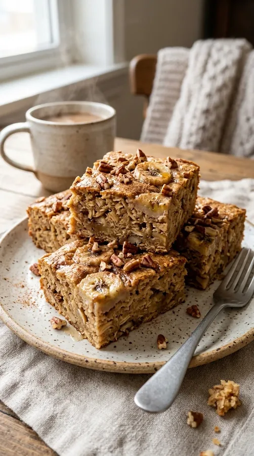 Golden banana baked oatmeal squares with cinnamon and pecans for make-ahead breakfasts.