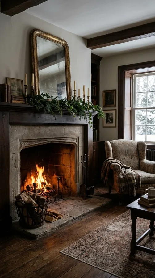 Traditional fireplace with an antique-inspired mirror and restrained seasonal decorations.