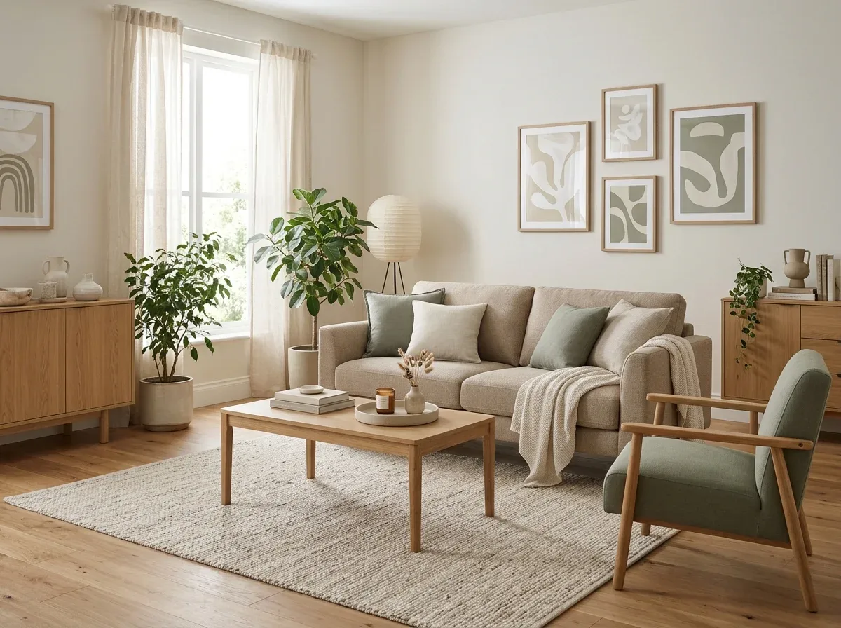 A cohesive living room color palette combining cream, beige, sage green, and natural wood.
