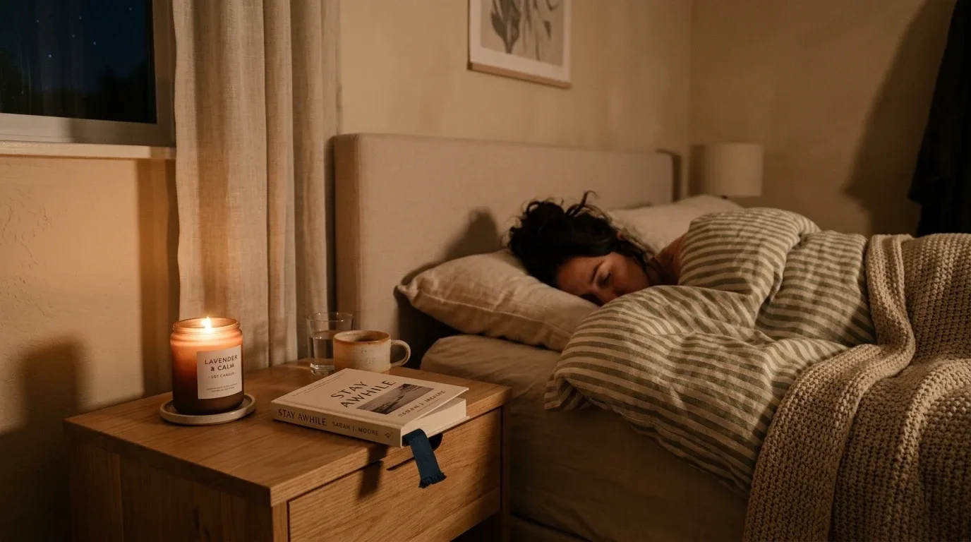 Vanilla scented candle enhancing a warm living room ambiance