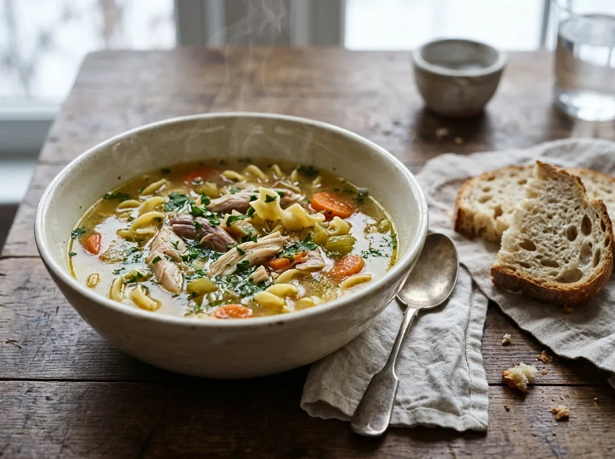 Warm chicken noodle soup with shredded chicken, egg noodles, carrots, and celery for a cold winter evening.