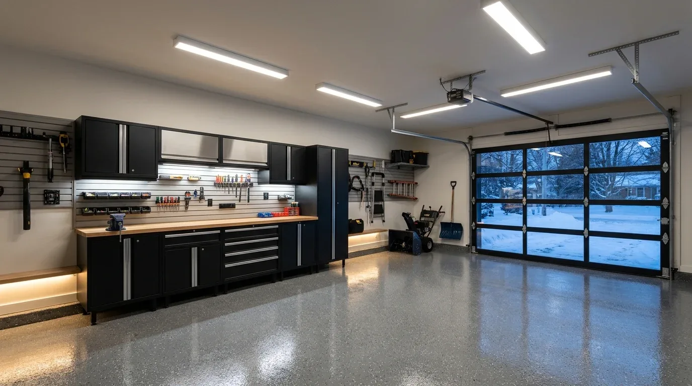 Bright garage makeover with layered LED lighting for safe winter projects and everyday use.