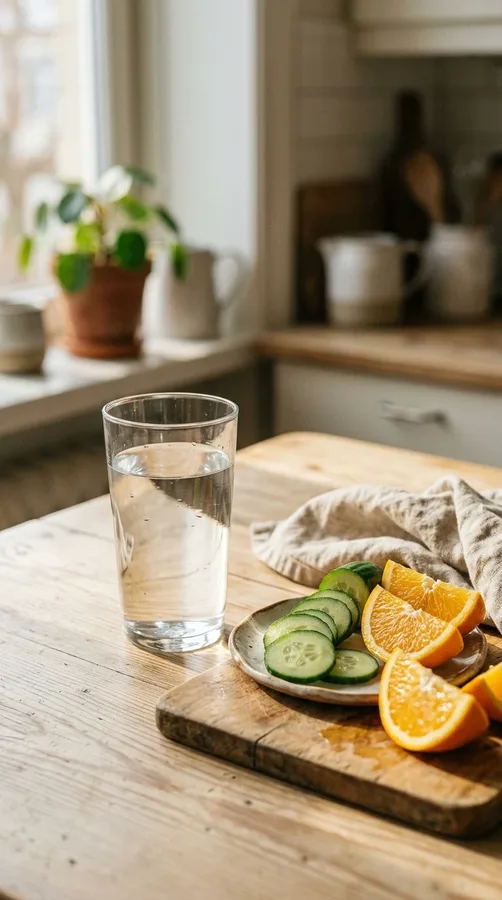Glass of water with fresh fruit and cucumber illustrating everyday hydration.
