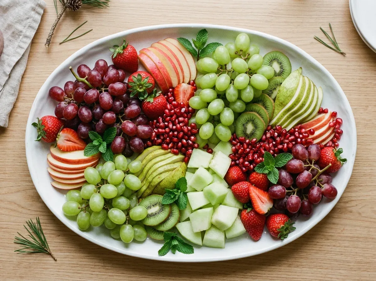 Red and green holiday fruit platter featuring strawberries, grapes, kiwi, apples, pears, and pomegranate seeds.