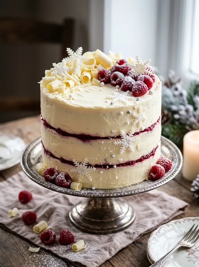 Red velvet heart cake with cream cheese frosting and delicate winter decorations.