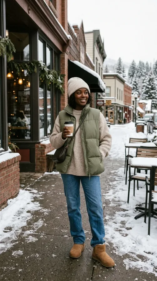 Black woman wearing an oversized oatmeal sweater, straight-leg jeans, and cozy winter boots.