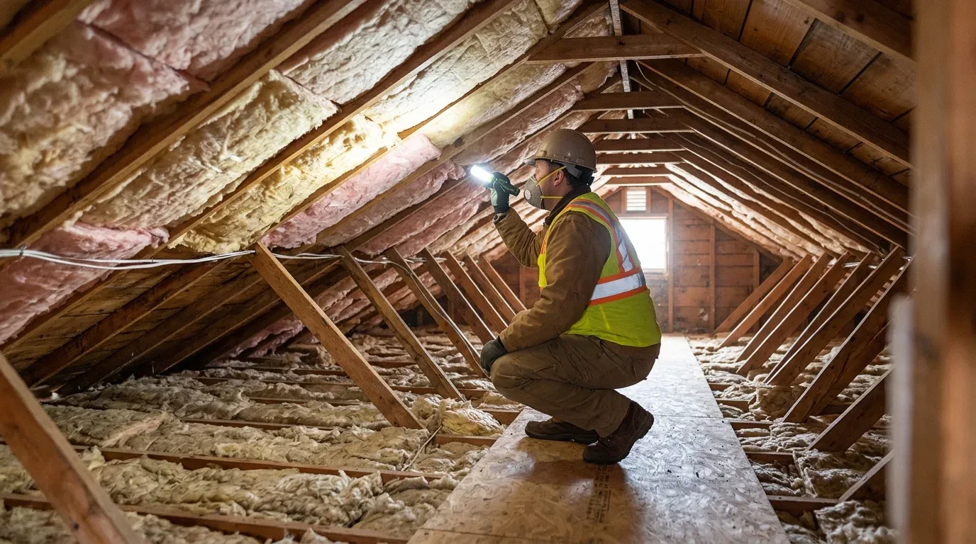 Attic insulation inspection to improve winter home energy efficiency