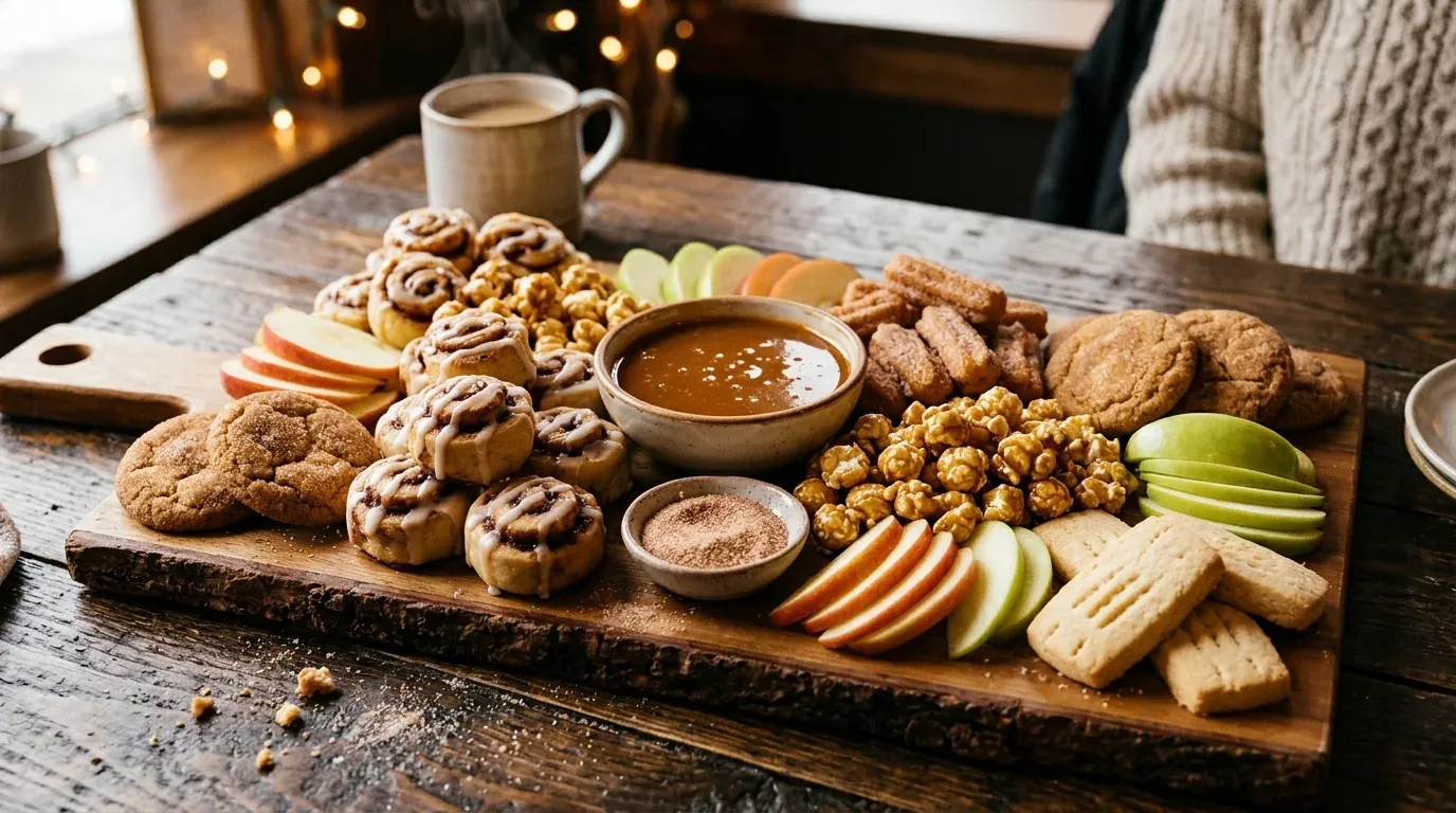 Cinnamon caramel dessert board featuring mini cinnamon rolls, churros, apple slices, cookies, and caramel dip.
