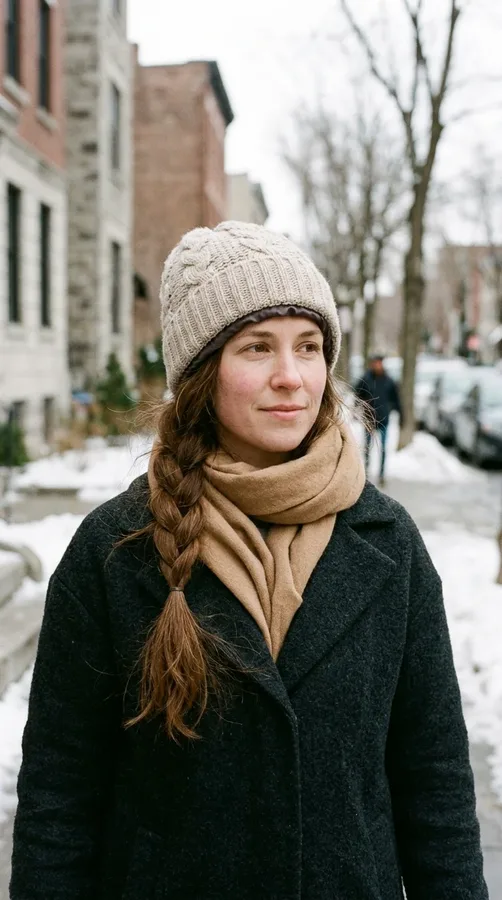 Woman protecting her hair from cold winter weather with a soft-lined beanie and loose braid.