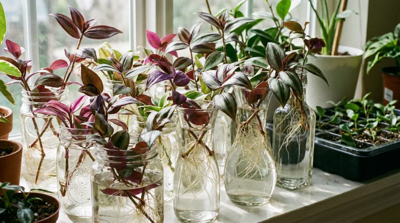 Spider plant plantlets growing in water