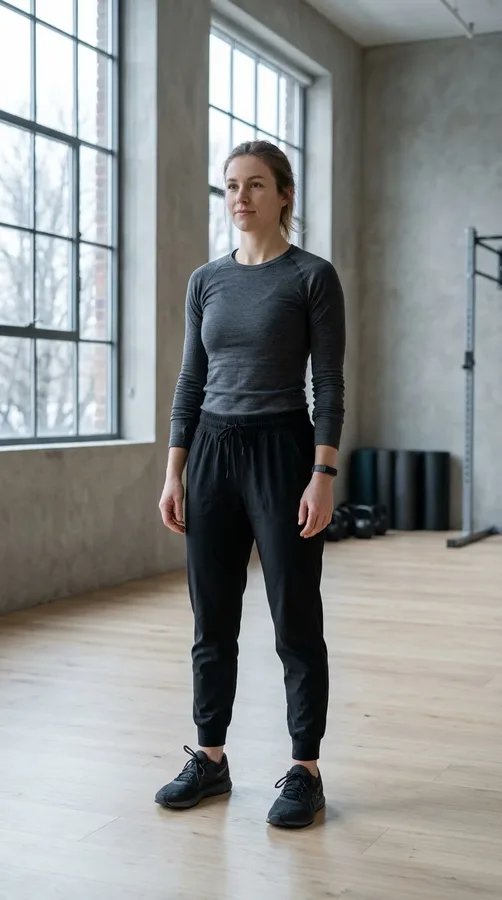 A charcoal thermal base layer and lightweight joggers provide warmth without bulky layers.