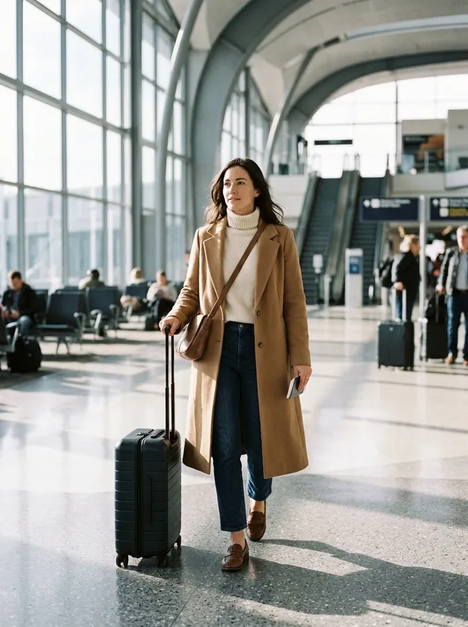 Dark denim and cream turtleneck paired with a camel coat for a timeless winter airport outfit.