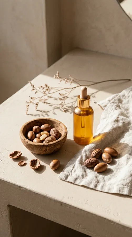 Golden argan oil with argan nuts for adding shine and softness to hair