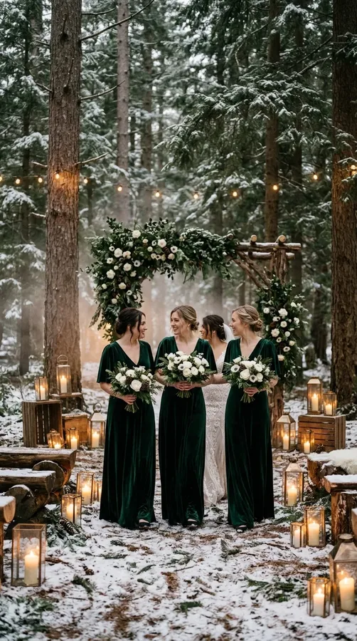 Forest green velvet bridesmaid dresses surrounded by evergreen winter wedding decorations.