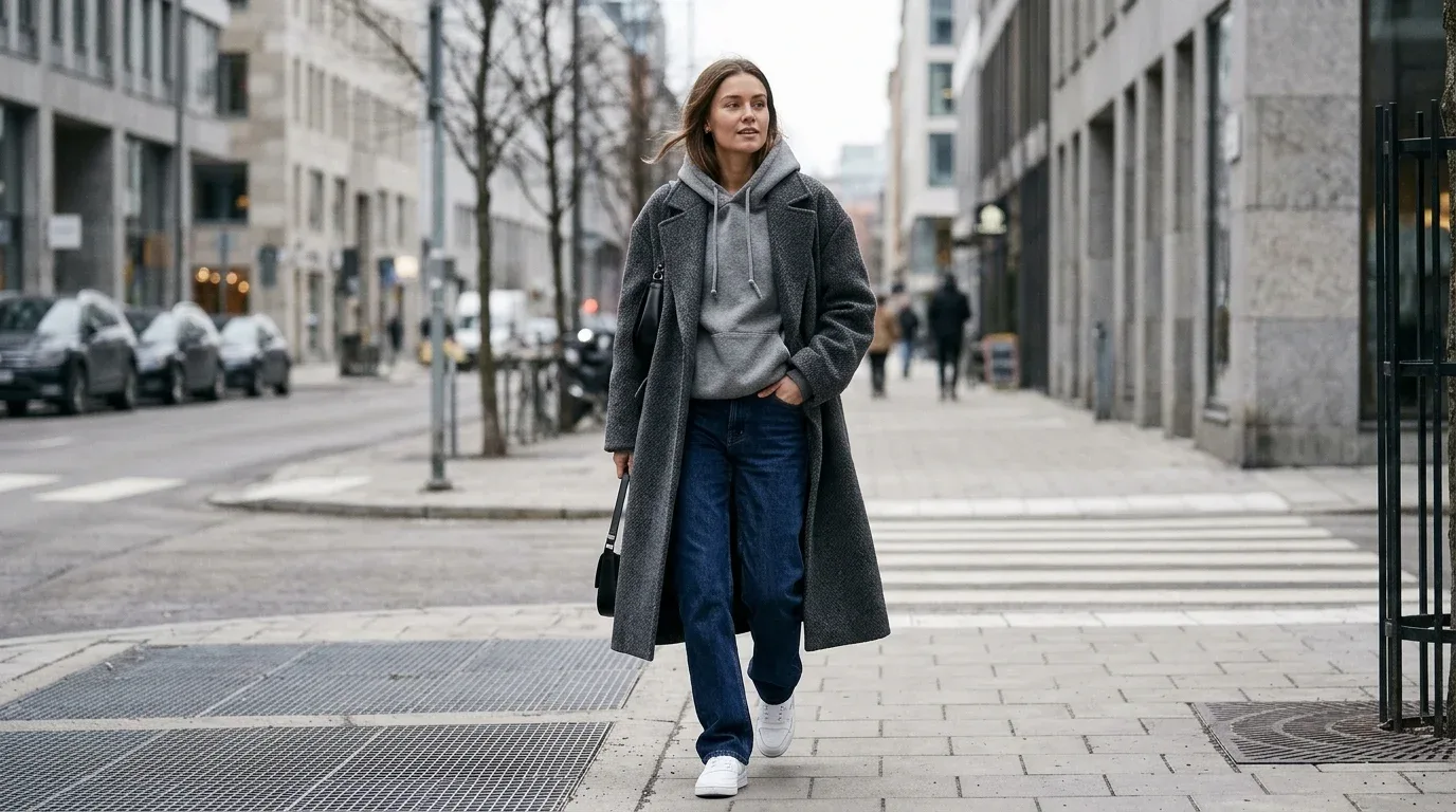Gray hoodie layered under a long wool coat with dark jeans and white sneakers.