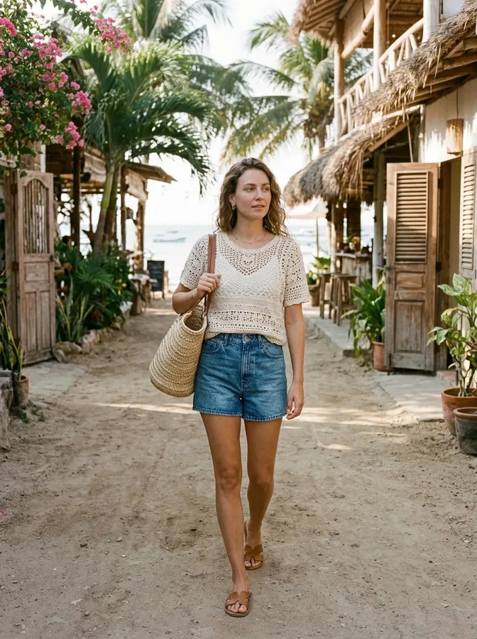 Crochet top and high-waisted denim shorts for a relaxed beach-town outfit.