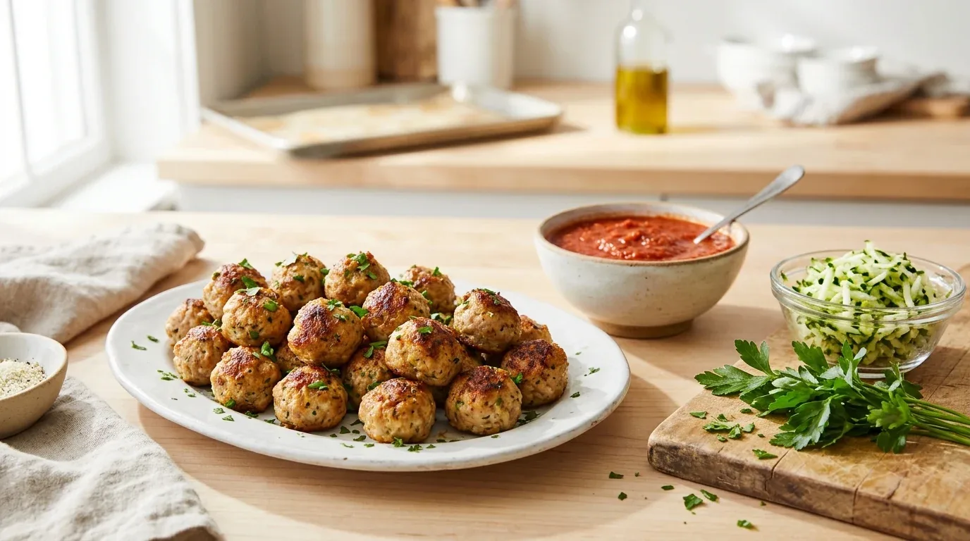 Golden mini turkey meatballs served with tomato sauce and fresh parsley.