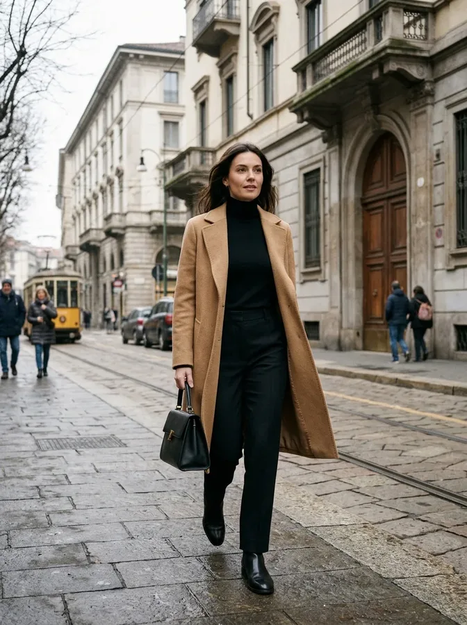 Cream knit sweater and taupe wool trousers paired with a beige coat for refined winter travel.