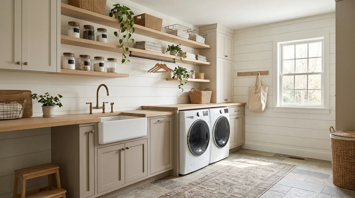 Neutral farmhouse laundry room with warm white cabinets, beige accents, and natural wood details.